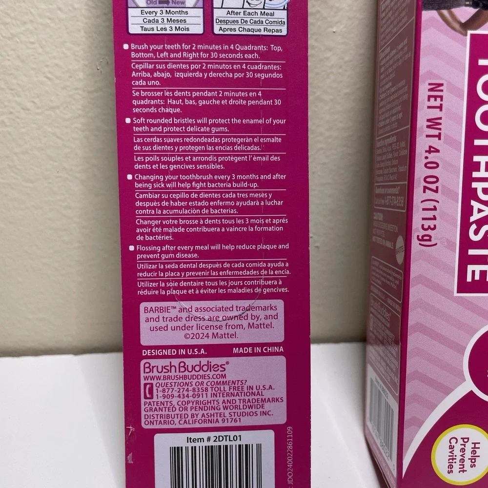 Brush Buddies Barbie 2 Pack Toothbrushes And Toothpaste Set Bubble Gum Flavor